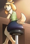 anthro barefoot black_nose blonde_hair bottomwear breasts clothed clothing feet female fur furgonomics hair looking_at_viewer looking_back looking_back_at_viewer low-angle_view monotone_bottomwear monotone_clothing monotone_skirt pencil_skirt rear_view seat sitting skirt smile solo tail tail_through_skirt yellow_body yellow_fur kittellox_(artist) animal_crossing nintendo isabelle_(animal_crossing) canid canine canis domestic_dog mammal shih_tzu toy_dog hi_res