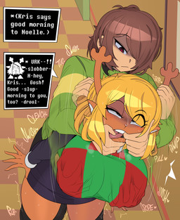 ambiguous_gender anthro antlers bent_over blonde_hair breast_grab breasts brown_hair clothed clothing dialogue duo female female_anthro female_on_human finger_in_mouth from_behind_position grabbing_from_behind grope hair hand_on_breast horn human_on_anthro interspecies open_mouth sex submissive submissive_female text thick_thighs tongue tongue_out captainkirb deltarune undertale_(series) kris_dreemurr noelle_holiday deer human mammal 2025 absurd_res english_text hi_res
