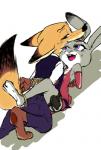 anklet anthro clothed clothing countershading duo female fur green_eyes holster jewelry male male/female purple_eyes simple_background thigh_holster mitsuharu disney zootopia judy_hopps nick_wilde canid canine fox lagomorph leporid mammal rabbit red_fox true_fox 2017 low_res