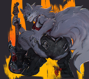 anthro bottomwear clothing electric_guitar female fishnet_clothing fishnet_legwear fur grey_body grey_fur guitar legwear musical_instrument occult_symbol pentagram plucked_string_instrument sharp_teeth shorts solo string_instrument symbol teeth thong underwear netcrow bryn_(sageofaether) canid canine canis mammal wolf absurd_res hi_res
