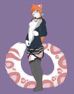 accessory anthro bell biped bottomwear bow_(feature) bow_accessory bow_ribbon clothed clothing collar crossdressing eyewear femboy fluffy fluffy_tail glasses hair hair_accessory hair_bow hair_ribbon hoodie legwear leopard_spots long_hair long_tail looking_at_viewer male orange_hair pink_spots red_hair ribbons simple_background skimpy skirt slave solo spots standing stockings tail tongue tongue_out topwear undressing accelo accelo_(character) felid mammal