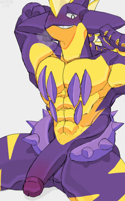 5_fingers abs anthro big_penis blonde_hair blush electrical_hair electricity fingers genitals hair humanoid_genitalia humanoid_penis male markings muscular penis pseudo_hair purple_body purple_penis simple_background smile solo white_background yellow_body nsiminin nintendo pokemon generation_8_pokemon pokemon_(species) toxtricity
