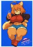 ahoge anthro beverage big_breasts blue_background boots border bottomwear breasts brown_claws can claws clothing container crop_top denim denim_bottomwear denim_clothing denim_shorts drinking_straw female finger_claws footwear fur grin hair holding_beverage holding_can holding_container holding_object inner_ear_fluff jacket midriff navel one_eye_closed orange_body orange_eyes orange_fur orange_hair shirt shoes short_hair short_stack shorts simple_background sitting smile sneakers solo tail thick_thighs topwear tuft white_border wide_hips wink apsel_bluestar dog_knight_rpg maci_(ceehaz) canid canine canis domestic_dog mammal pomeranian spitz 2024 absurd_res hi_res signature