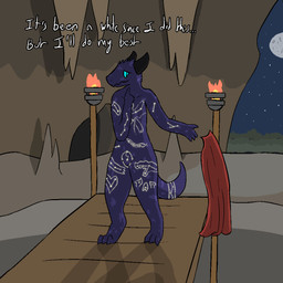 anthro black_horn blue_eyes bodypaint clothing female fire flat_chested genitals horn nude purple_body ritual solo standing text undressing vulva fogspot constellation_kobold kobold reptile scalie 1:1 aliasing digital_media_(artwork) english_text