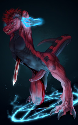 animal_genitalia anthro black_body black_hair black_scales blood blood_on_leg blood_on_sword blood_on_weapon bodily_fluids disembodied_hand duo erection eye_roll genital_slit genitals glistening glistening_eyes gore grin hair hands_behind_head imminent_death kneeling looking_pleasured male male_focus markings melee_weapon narrowed_eyes nude orange_eyes penis red_body red_hair red_penis red_scales scales sharp_teeth simple_background smile solo_focus striped_markings striped_tail stripes sword tail tail_markings teeth three-quarter_view weapon riorix furx_(character) lizard reptile scalie 2019 dated hi_res signature