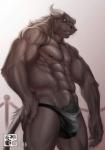 abs anthro biceps biped bulge clothed clothing detailed_bulge genital_outline horn male muscular muscular_anthro muscular_male nipples pecs penis_outline pubes solo standing topless bomb_(artist) bovid bovine cattle mammal