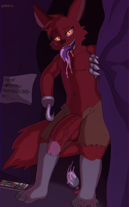 anthro balls bedroom_eyes big_balls big_penis big_tail bodily_fluids bottomwear buttplug claws clothed clothing curtains curtains_open electronics fangs genitals glowing glowing_eyes gold_(metal) gold_tooth golden_fangs hook huge_penis looking_at_viewer male narrowed_eyes navel penis penis_poking_out phone plug_(sex_toy) red_body saliva seductive sex_toy short_stack sign solo standing tail teeth text thick_penis thick_thighs topless topless_male vein veiny_penis yellow_eyes n31l e621 five_nights_at_freddy's scottgames foxy_(fnaf) canid canine fox mammal absurd_res hi_res