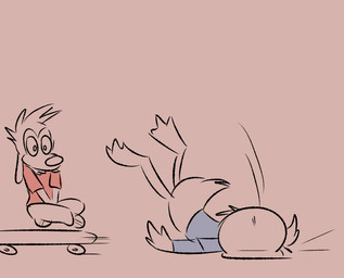 3_toes anthro bent_legs big_nose blue_clothing blue_shirt blue_topwear bottomless bottomless_anthro bottomless_male bottomwear brown_background brown_body brown_bottomwear brown_clothing brown_eyes brown_feathers brown_footwear brown_fur brown_nose brown_pants brown_shoes brown_tail buckteeth clothed clothed_anthro clothed_male clothing crossed_legs duo faceplant feathers feet floppy_ears footwear fully_clothed fully_clothed_anthro fully_clothed_male fur hair hands_in_lap looking_at_another lop_ears male male_anthro membrane_(anatomy) motion_lines no_eyebrows no_pupils pants red_clothing red_shirt red_t-shirt red_topwear shirt shoes short_hair simple_background sitting skateboard t-shirt tail tail_feathers teeth toes topwear vehicle webbed_feet worried_look insert-thenewbl-here disney ducktales ducktales_(2017) goof_troop dewey_duck max_goof anatid anseriform avian bird canid canine canis domestic_dog duck mammal 2025 colored_sketch digital_drawing_(artwork) digital_media_(artwork) english_description sketch