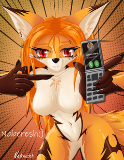 5_fingers accessory anthro belly bent_over breasts cellphone ear_piercing ear_ring electronics eyebrow_piercing eyebrows eyelashes facial_piercing female fingers front_view fur gesture hair hair_accessory hairclip hand_gesture holding_object holding_phone looking_at_viewer nails navel nude orange_body orange_fur phone piercing pointing razor_blade red_eyes red_hair ring_piercing simple_background slim smile solo tail tattoo teeth text tunnel wide_hips narezka naria_(narezka) canid canine fox mammal absurd_res colored digital_media_(artwork) hi_res meme