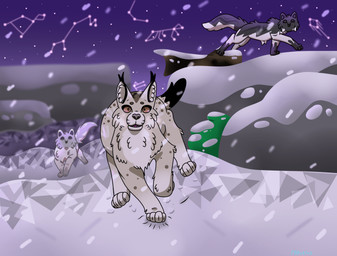 ambiguous_gender blurred_background chasing cheek_tuft constellation ear_tuft facial_tuft feral front_view fur fuzzy grey_body grey_fur group inner_ear_fluff log looking_at_viewer markings multicolored_body multicolored_fur night orange_eyes outside plant raised_leg rock running running_away scared shrub simple_eyes sky snow snowing spots spotted_body spotted_fur spotted_markings star starry_sky tail trio tuft winter wood alleycat8706 might_and_delight shelter_(game_series) inna_(shelter_2) canid canine canis felid feline lynx mammal wolf 2020 hi_res female_(lore)