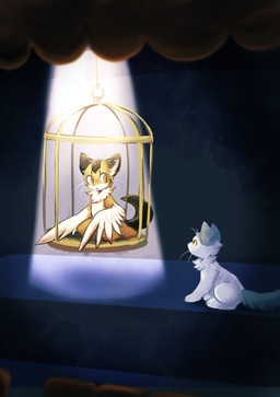 ambiguous_gender cage chest_tuft duo kemono male semi-anthro spotlight stage tuft winged_arms wings chisara circus_of_anya luca_(chisara) neon_(chisara) chimera domestic_cat felid feline felis mammal 2019 hi_res