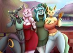 abs anthro blush breasts clothing eyewear female gesture glasses group hand_gesture looking_at_another looking_at_viewer pose smile v_sign 09hankris marauder6272 nintendo pokemon eeveelution espeon generation_2_pokemon generation_4_pokemon glaceon leafeon pokemon_(species) umbreon hi_res