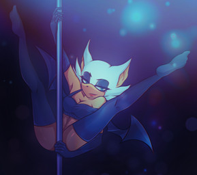 anthro bedroom_eyes blue_eyes breasts cleavage clothed clothing dancing female half-closed_eyes looking_at_viewer narrowed_eyes pole pole_dancing seductive solo spread_legs spreading stripper stripper_pole ami-dark sega sonic_the_hedgehog_(series) rouge_the_bat bat mammal hi_res