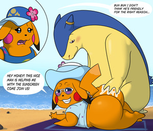 anthro beach beach_towel big_butt black_ears black_nose blood blue_body blue_clothing blue_ears blue_eyes blue_fur blue_hat blue_headwear blue_shirt blue_topwear blush bodily_fluids bottomless brown_clothing brown_hat brown_headwear brown_tail butt butt_grab close-up clothed clothing cuckold cuckquean duo eyewear female flower flower_on_hat fur green_clothing half-closed_eyes hand_on_butt hat headgear headwear husband_and_wife kneeling looking_at_another lying male male/male married_couple multicolored_body multicolored_clothing multicolored_ears multicolored_fur multicolored_hat multicolored_shirt multicolored_topwear narrowed_eyes nosebleed on_front on_towel partially_clothed pink_clothing plant purple_clothing purple_shirt purple_topwear red_eyes sand sea shirt smile speech_bubble sunglasses sunscreen sunscreen_on_butt tail teeth text thick_thighs three-quarter_view tongue topwear towel two_tone_body two_tone_clothing two_tone_ears two_tone_fur two_tone_hat two_tone_shirt two_tone_tail two_tone_topwear water white_clothing white_hat white_headwear yellow_body yellow_clothing yellow_ears yellow_fur yellow_tail colossalstars nintendo pokemon mr._windychu ms._wavychu generation_1_pokemon generation_2_pokemon pikachu pokemon_(species) typhlosion 2026 absurd_res digital_media_(artwork) english_text hi_res