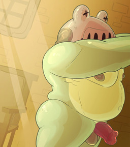 anthro armor balls belly big_belly genitals green_body headgear helmet male moobs nipples overweight overweight_male penis solo haxsmack amphibia_(series) disney mire_(amphibia) amphibian frog 2023 hi_res