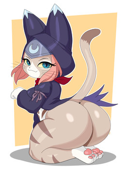 anthro big_butt blue_eyes breasts butt eyebrows eyelashes female geometric_background huge_butt looking_at_viewer pawpads paws raised_tail simple_background solo tail whiskers yellow_sclera capikeeta capcom monster_hunter monster_hunter_stories_2:_wings_of_ruin tsukino_(monster_hunter_stories) felid felyne lynian mammal palico absurd_res hi_res