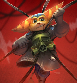 anthro asphyxiation blood blood_in_mouth bodily_fluids boots choking clenched_teeth clothing eyebrows footwear gas_mask gloves green_eyes handwear headgear headwear looking_at_viewer male mask shoes solo teeth hoodypisded ratchet_and_clank sony_corporation sony_interactive_entertainment ratchet_(ratchet_and_clank) lombax mammal 2026 absurd_res hi_res