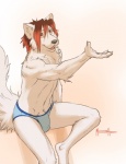 2011 5_fingers alex_(disambiguation) anthro barefoot biped briefs bulge canid canine canis clothed clothing digital_media_(artwork) feet fingers fur hair male mammal meesh red_eyes red_hair sitting solo tail topless underwear white_body white_fur wolf