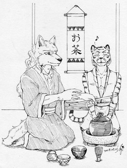 anthro asian_clothing biped bowl chest_tuft clothed clothed_anthro clothed_male clothing container duo east_asian_clothing fur holding_object japanese_clothing kneeling male male_anthro musical_note musical_symbol scroll sleeveless_clothing striped_body striped_fur stripes symbol tail text tuft yukata baroque_(artist) canid canine canis felid mammal pantherine tiger wolf 2018 black_and_white dated hatching_(art) hi_res japanese_text monochrome shaded signature translated