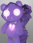 anthro blush claws clothing feathers female glowing glowing_eyes glowing_heart heart_eyes heart_symbol hug hugging_another hugging_from_behind nose_blush patchwork patchwork_clothing plushie purple_body purple_clothing purple_eyes scar shadow_face simple_background smile solo straps kixsune epic_games fortnite raven_team_leader bear inanimate_object mammal absurd_res hi_res signature