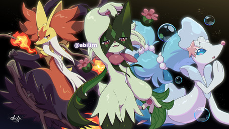 ambiguous_gender anthro black_body black_fur blue_hair blue_sclera bubble fire flower_(anatomy) flower_trick fur green_body green_fur green_tail group hair inner_ear_fluff mask pawpads paws pink_eyes pink_nose red_body red_fur red_inner_ear_fluff red_nose tail trio tuft white_body white_fur yellow_body yellow_ears yellow_eyes yellow_fur abilirn nintendo pokemon pokemon_legends_z-a generation_7_pokemon generation_9_pokemon mega_delphox mega_evolution meowscarada pokemon_(species) primarina 2026 absurd_res hi_res