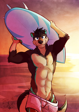 abs anthro arm_tuft athletic athletic_male biceps black_eyebrows black_hair blue_eyes body_hair brown_body brown_fur cheek_tuft chest_tuft clothing countershading deltoids elbow_tuft eyebrows facial_tuft fingerless_(marking) fur gloves_(marking) green_body green_fur green_inner_ear green_pawpads hair happy_trail holding_object holding_surfboard looking_at_viewer male markings navel neck_tuft nipples orange_sky pawpads pecs pink_clothing pink_nipples pink_swimming_trunks pink_swimwear sea short_hair shoulder_tuft sky smile solo sunset surfboard swimming_trunks swimwear tan_body tan_fur text tuft water ventkazemaru palms_(bestkangaroo) mammal mustelid otter 2024 artist_name dated hi_res signature