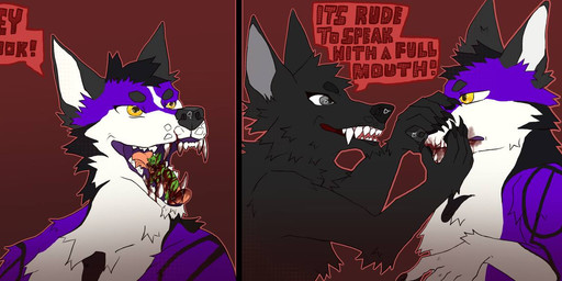 anthro anthrowolf arko_eater_of_worlds blood blood_in_mouth bodily_fluids boris_le_wolp borislewolp boristhewolf eating_meat gore grey_body lokithecat lokithegreencat macro male male/male micro purple_body arko that1opossum loki canid canine canis domestic_cat felid feline felis mammal wolf comic