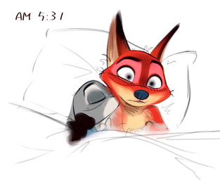 anthro anthro_on_anthro duo eyes_closed female fur grey_body grey_fur interspecies kissing_cheek male male/female morning orange_body orange_fur pillow predator/prey tan_body tan_fur text time nibkman0304 disney zootopia judy_hopps nick_wilde canid canine european_rabbit fox lagomorph leporid mammal oryctolagus rabbit red_fox true_fox hi_res