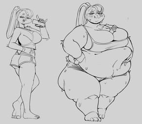 anthro belly big_belly big_breasts blush bodily_fluids breasts buckteeth butt chubby_cheeks cleavage cleavage_overflow clothed clothing fat_arms fat_legs female food food_between_breasts grey_background holding_food holding_object long_ears love_handles obese obese_anthro obese_female open_mouth overweight overweight_anthro overweight_female simple_background solo standing sweat sweatdrop sweaty_belly teeth weight_gain southger looney_tunes warner_brothers lola_bunny lagomorph leporid mammal rabbit 2026 absurd_res greyscale hi_res monochrome