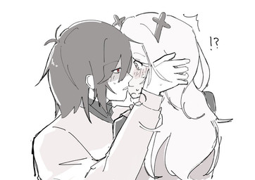 ambiguous_gender anthro antlers blush blush_lines bodily_fluids duo eyebrow_through_hair eyebrows female freckled_face freckles hair hand_in_hair horn imminent_kiss interrobang red_eyes simple_background sweat touching_hair translucent translucent_hair msssmanibi deltarune undertale_(series) kris_dreemurr noelle_holiday cervine deer human mammal 2025
