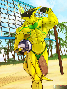 abs anthro beach big_penis bikini_thong clothing day flexing flexing_bicep foreskin genitals humanoid_genitalia humanoid_penis male muscular outside palm_tree penis penis_poking_out plant public public_exposure solo sport swimwear tree unretracted_foreskin vein veiny_penis volleyball iudicium86 bandai_namco digimon bulkmon digimon_(species) 3:4 hi_res