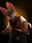 anthro brown_body brown_fur clothed clothing dagger fully_clothed fur horn looking_at_viewer male melee_weapon satchel stiletto_(weapon) tan_body tan_fur weapon yellow_eyes inkquisitor_(artist) rufus_amuaroo amuaroo hi_res