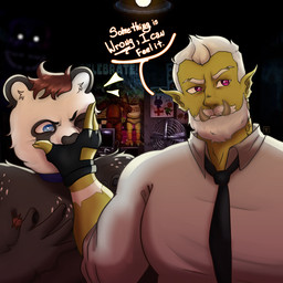 brown_hair clothing collar collared_shirt desk desk_fan dialogue dress_shirt fingerless_gloves furniture gloves hair handwear male male/male necktie overhead_lighting pizzeria poster shirt table topwear white_hair capri_artss five_nights_at_freddy's scottgames azure_(pupblueslut) freddy_(fnaf) torug_(pupblueslut) bear giant_panda mammal orc 1:1 hi_res meme