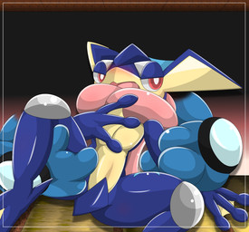 ambiguous_gender anthro blush duo open_mouth simple_background type nintendo pokemon generation_5_pokemon generation_6_pokemon greninja pokemon_(species) seismitoad 2015 hi_res