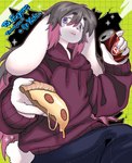 anthro clothed clothing food hoodie male pizza pizza_slice solo topwear dayohiko dr_pepper lagomorph leporid mammal rabbit absurd_res hi_res