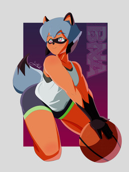 anthro ball basketball_(ball) blue_eyebrows bottomwear clothed clothed_anthro clothed_female clothing eyebrows female female_anthro fingers gloves_(marking) hair kneeling markings shorts simple_background smile solo tail topwear juwu brand_new_animal studio_trigger michiru_kagemori human humanoid mammal 2026 3:4 absurd_res hi_res