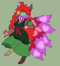 5_tails ahoge big_hair brown_body brown_ears brown_fur chest_tuft clothing dark_clothing dress fangs footwear fur glowing glowing_ears glowing_eyes glowing_markings glowing_tail green_clothing green_eyes green_footwear green_socks hair heart_(marking) heterochromia inner_ear_fluff legwear looking_at_viewer markings multi_tail pattern_clothing pattern_footwear pattern_legwear pattern_socks pink_body pink_clothing pink_footwear pink_fur pink_socks pink_tail purple_inner_ear purple_inner_ear_fluff purple_tail red_hair sabertooth_(anatomy) socks striped_clothing striped_footwear striped_socks stripes tail tan_clothing tan_socks teeth tuft yellow_eyes robynsnowyfoxxo robyn_(robynsnowyfoxxo) canid canine felid fox hybrid mammal prehistoric_species saber-toothed_tiger 2020 demigirl_(lore) nonbinary_(lore) trans_(lore) trans_woman_(lore)