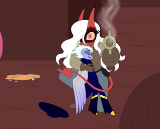 back_wings blue_body blue_skin boots clothing crouching duo eyes_closed facial_hair feathered_wings feathers female footwear gun hair hat headgear headwear holding_another holding_gun holding_object holding_ranged_weapon holding_weapon horn larger_female long_hair long_tail looking_at_viewer male mustache pink_eyes pupils ranged_weapon red_body red_skin shoes size_difference slit_pupils smaller_male smoking_gun spade_tail tail weapon white_hair wings yellow_sclera cowboyncanary hellaverse helluva_boss fan_character striker_(helluva_boss) angel angel_humanoid demon demon_humanoid humanoid succubus