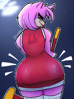 anthro big_butt biped blep butt butt_focus clothed clothing cosmic_background dress female fur hair hammer holding_hammer holding_object holding_tool legwear looking_at_viewer looking_back looking_back_at_viewer minidress narrowed_eyes night panty_lines piko_piko_hammer pink_body pink_fur pink_hair presenting presenting_hindquarters rear_view red_clothing red_dress seductive solo standing star starry_background tailless thick_thighs thigh_highs tight_clothing tight_dress tongue tongue_out tools wide_hips tonisk sega sonic_the_hedgehog_(series) amy_rose eulipotyphlan hedgehog mammal 2025 3:4 portrait signature three-quarter_portrait