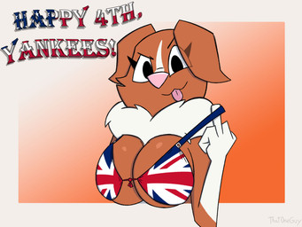 anthro bikini bikini_top breasts brown_body brown_fur clothing eyelashes female flag_bikini fur gesture gloves_(marking) gradient_background hand_gesture looking_at_viewer markings middle_finger multicolored_body multicolored_fur neck_tuft orange_body orange_fur pink_nose simple_background solo sophie_scotia swimwear text tongue tongue_out tuft two-piece_swimsuit union_jack union_jack_bikini slightlyarousedguy 101_dalmatian_street 101_dalmatians disney fan_character bird_dog canid canine canis domestic_dog hunting_dog mammal nova_scotia_duck_tolling_retriever retriever 4:3 bust_portrait hi_res portrait shaded watermark