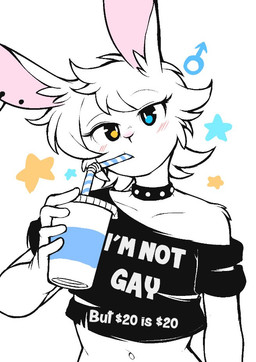 anthro belly blue_eyes clothing collar drinking_straw ear_piercing femboy fur hair heterochromia holding_object looking_at_viewer male navel piercing short_hair solo text white_body white_fur yellow_eyes sutagaki lagomorph leporid mammal rabbit english_text