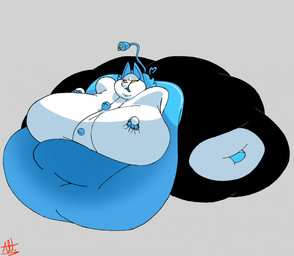 anthro belly belly_on_ground big_belly big_breasts big_butt big_cheeks big_navel blobby blue_hair breasts butt clothed clothing deep_navel double_chin empty_eyes eyelashes female floating_hands grey_background hair hand_on_own_breast heart_symbol huge_belly huge_breasts huge_butt huge_hips huge_thighs hyper hyper_belly hyper_breasts hyper_butt hyper_hips hyper_thighs immobile machine morbidly_obese morbidly_obese_anthro morbidly_obese_female navel obese obese_anthro obese_female overweight overweight_anthro overweight_female simple_background sitting solo sunken_limbs tail thick_thighs three-quarter_view wide_hips alt_for_fat_art deltarune undertale_(series) tasque_manager darkner felid feline mammal robot digital_drawing_(artwork) digital_media_(artwork) full-length_portrait hi_res portrait signature