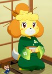 anthro asian_clothing beverage bowl brown_eyes clothing container east_asian_clothing formal_wear fur green_clothing green_kimono inside japanese_clothing kimono looking_at_viewer lotus_pose orange_ears tea traditional_japanese yellow_body yellow_fur nerdoodlen animal_crossing nintendo isabelle_(animal_crossing) canid canine canis domestic_dog mammal shih_tzu toy_dog 2021 absurd_res digital_drawing_(artwork) digital_media_(artwork) full-length_portrait hi_res portrait signature