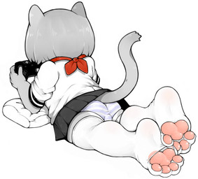 4_toes 5_fingers ambiguous_gender anthro asian_clothing biped black_bottomwear black_clothing black_skirt bottomwear butt clothed clothed_anthro clothing controller east_asian_clothing exposed_underwear feet feet_together fingers fur gaming grey_body grey_fur japanese_clothing japanese_school_uniform legwear lying on_front pattern_clothing pattern_underwear pawpads paws pink_pawpads plantigrade plantigrade_pawpads playing_video_game pleated_skirt raised_bottomwear raised_clothing raised_skirt raised_tail rear_view red_scarf rolled_up_sleeves scarf school_uniform shirt simple_background skirt solo stockings striped_clothing striped_underwear stripes tail thigh_highs toeless_legwear toeless_stockings toeless_thigh_highs toes topwear translucent translucent_clothing translucent_legwear translucent_stockings translucent_thigh_highs underwear uniform upskirt white_background white_clothing white_legwear white_shirt white_stockings white_thigh_highs white_topwear young young_ambiguous young_anthro mentha domestic_cat felid feline felis mammal absurd_res hi_res