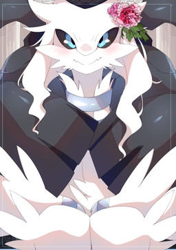 accessory anthro biped black_body blue_eyes blush camera_view duo female flesh_fang flower flower_in_hair front_view glistening glistening_eyes hair hair_accessory looking_at_viewer male plant sitting white_body mame02550912 nintendo pokemon generation_5_pokemon legendary_pokemon pokemon_(species) reshiram zekrom hi_res