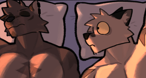 anthro bed brown_body comic_panel duo eyes_closed frown furniture head_on_pillow looking_at_another male muscular pecs pillow sleeping sleeping_together surprised wide_eyed rygel_spkb milo_(rygel_spkb) yoby_(rygel_spkb) canid canine canis domestic_dog mammal wolf comic hi_res