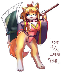 anthro armwear axe barefoot battle_axe big_breasts biped bottomless breasts cleavage clothed clothing collar detached_sleeves double_bitted_axe feet female fur gem hair jewelry melee_weapon one_eye_closed ponytail side_boob simple_background solo text weapon white_background wink ni_jikan canid canine mammal japanese_text