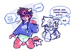 abstract_background anthro biped blue_clothing blue_topwear brown_hair clothed clothing diaper duo ear_piercing fur green_diaper grumpy hair male pacifier pacifier_clip piercing pink_hair simple_background solo_focus speech_bubble text topwear wearing_diaper wetness_indicator spacefluuuf domestic_cat felid feline felis mammal 2025 digital_media_(artwork) english_text hi_res