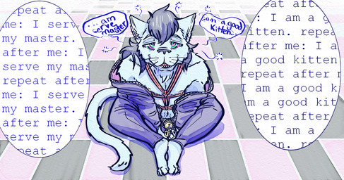 anthro bdsm bodily_fluids bondage bound chastity_cage chastity_device clothed clothing drooling hypnosis lock looking_at_viewer male mind_control nipples padlock restraints ringed_eyes rope rope_bondage rope_harness saliva simple_background solo submissive submissive_male text lavilovi domestic_cat felid feline felis mammal digital_media_(artwork) english_text hi_res