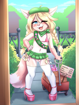 anthro beret biped blonde_hair blue_eyes bodily_fluids bottomwear braided_hair clothed clothing condom condom_decoration cookie detailed_background dipstick_tail doorway female filled_condom fingers flat_chested fluffy fluffy_tail food footwear genital_fluids genitals girl_scout_cookies green_beret green_bottomwear green_clothing green_hat green_headwear green_kerchief green_miniskirt green_skirt hair hand_on_hip hat headgear headwear heart_symbol high_heels kerchief legwear loli markings miniskirt no_underwear one_eye_closed outside pink_clothing pink_footwear pink_high_heels price prostitution pupils sexual_barrier_device shoes sign skirt smile solo tail tail_markings text thigh_highs vulva white_clothing white_legwear white_thigh_highs wink young vermelhatan girl_scout canid canine fox mammal 3:4 absurd_res hi_res